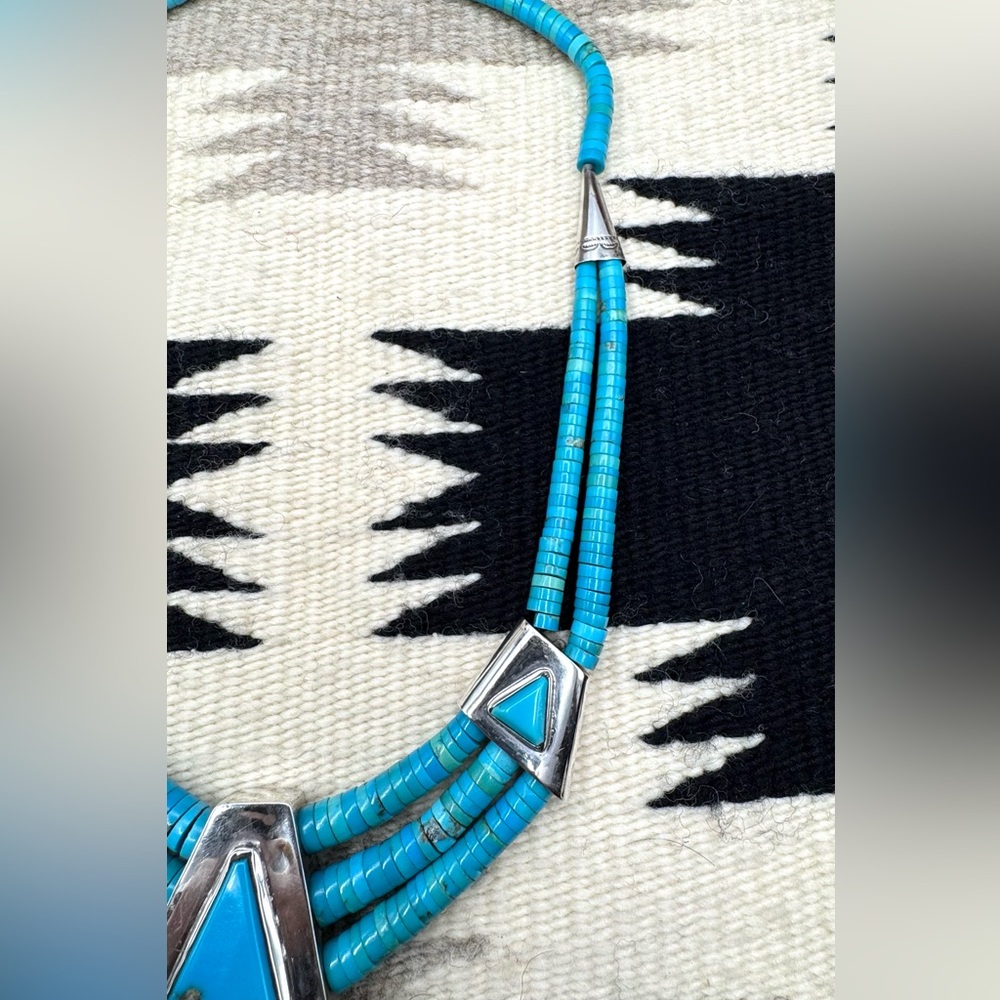 Santo Domingo Native American Sterling Silver Turquoise Cross Pendant Necklace - Picture 3 of 7